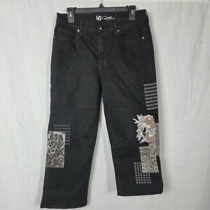 DG2 Black Embroidered Patchwork Cropped Women's Jeans